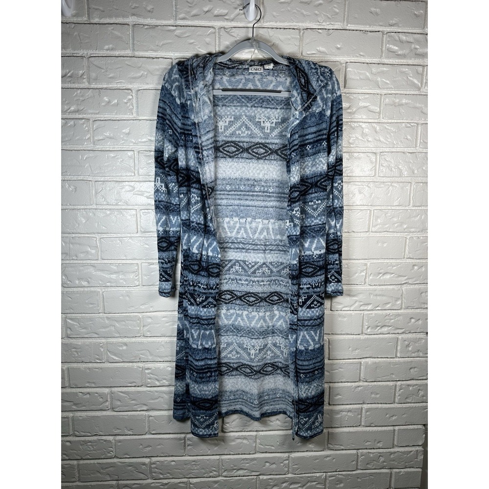 Cato Size S Blue Fair Isle Hooded Duster Cardigan Boho Lightweight Granola Girl